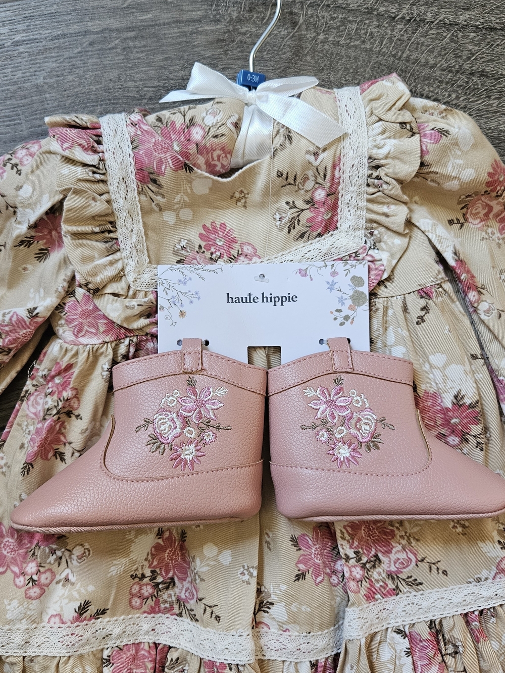 Haute Hippie Cream Floral Ruffle Dress with Pink Embroidered Baby Boots - Picture 2 of 3